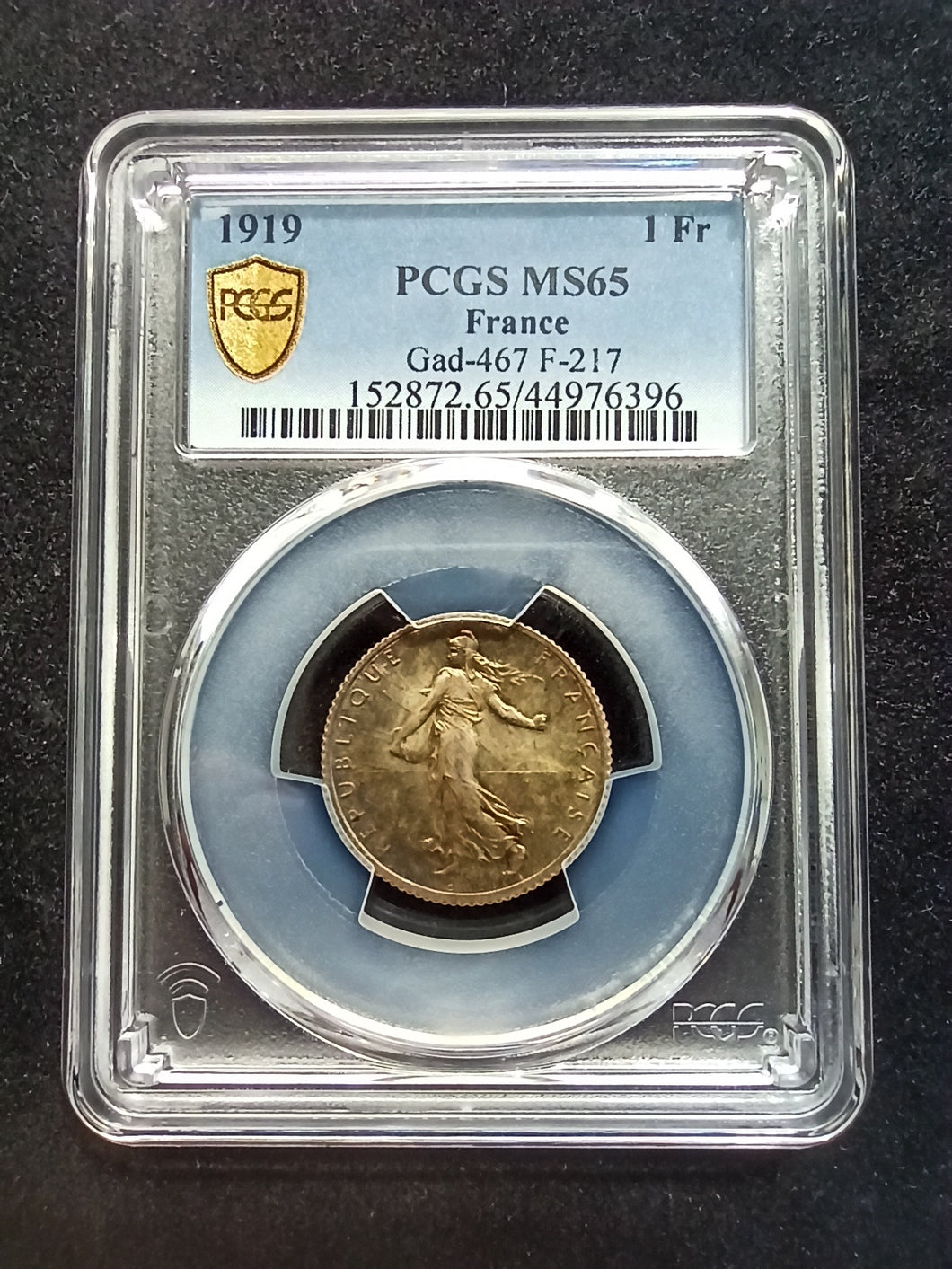 France : 1 Franc Silver Semeuse 1919 ; PCGS : MS 65