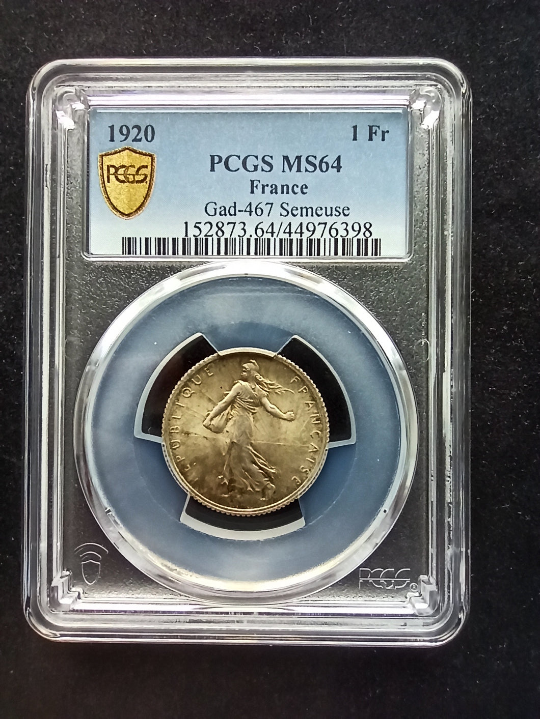 France : 1 Franc Silver Semeuse 1920 ; PCGS : MS 64