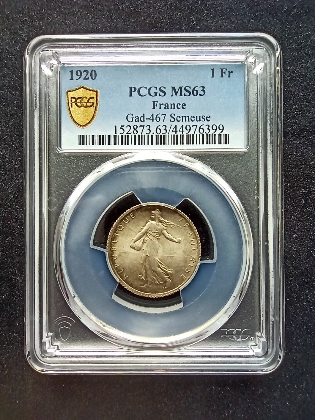 France : 1 Franc Silver Semeuse 1920 ; PCGS : MS 63