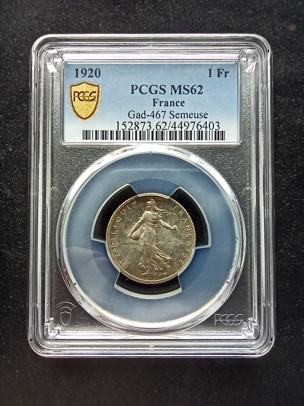 France : 1 Franc Silver Semeuse 1920 ; PCGS : MS 62