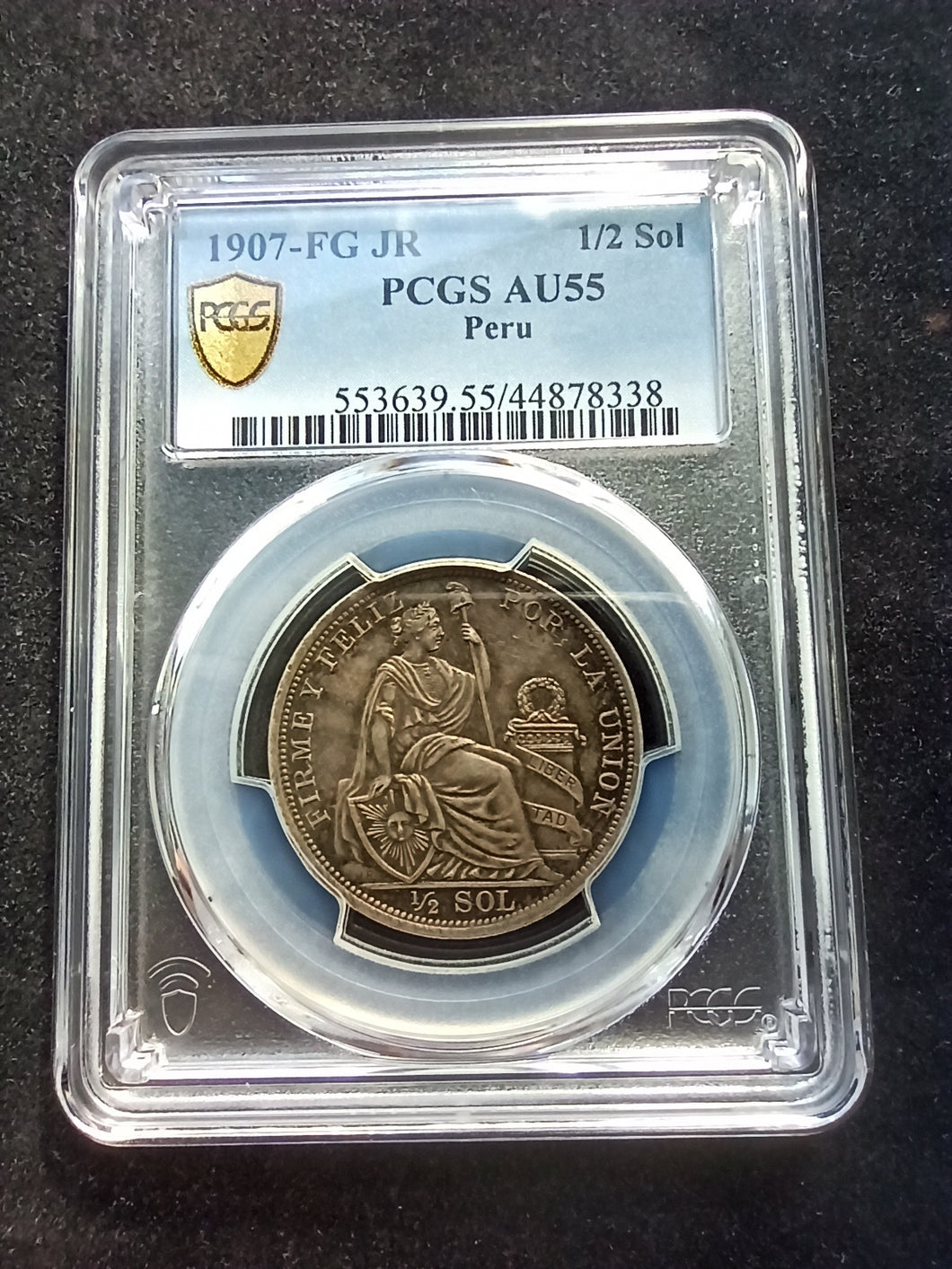 Peru : 1/2 Sol 1907 Silver ; PCGS AU 55