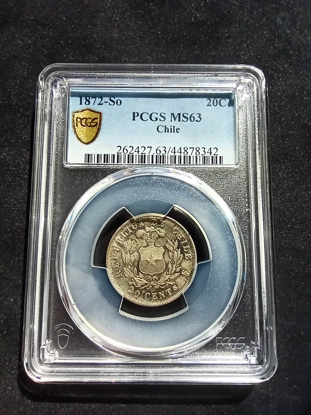 Chile : 20 Centavos 1872 So Silver ; PCGS MS 63