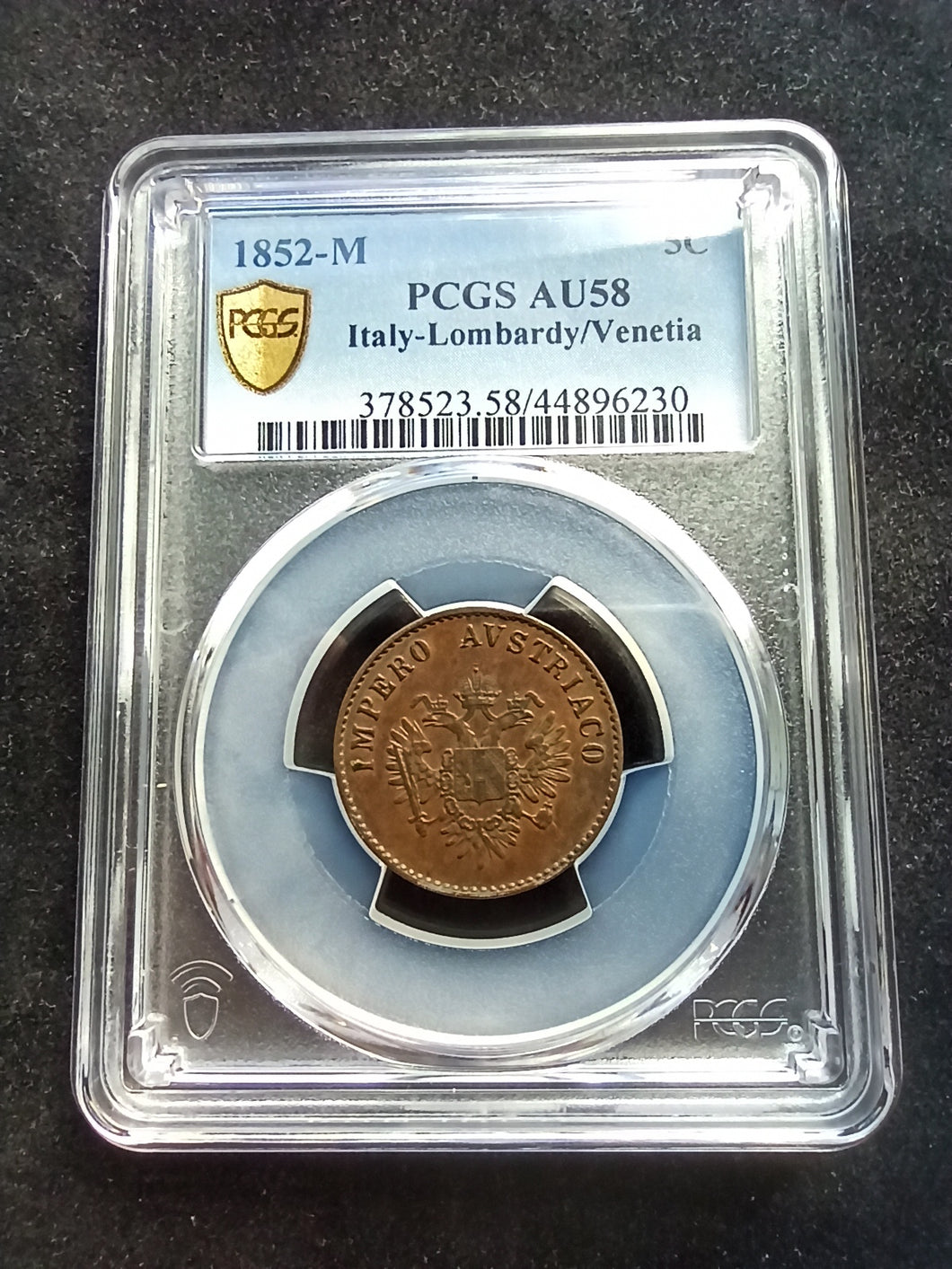 Italy : Lombardy Venetia : 5 Centesimi 1852 M ; PCGS AU 58