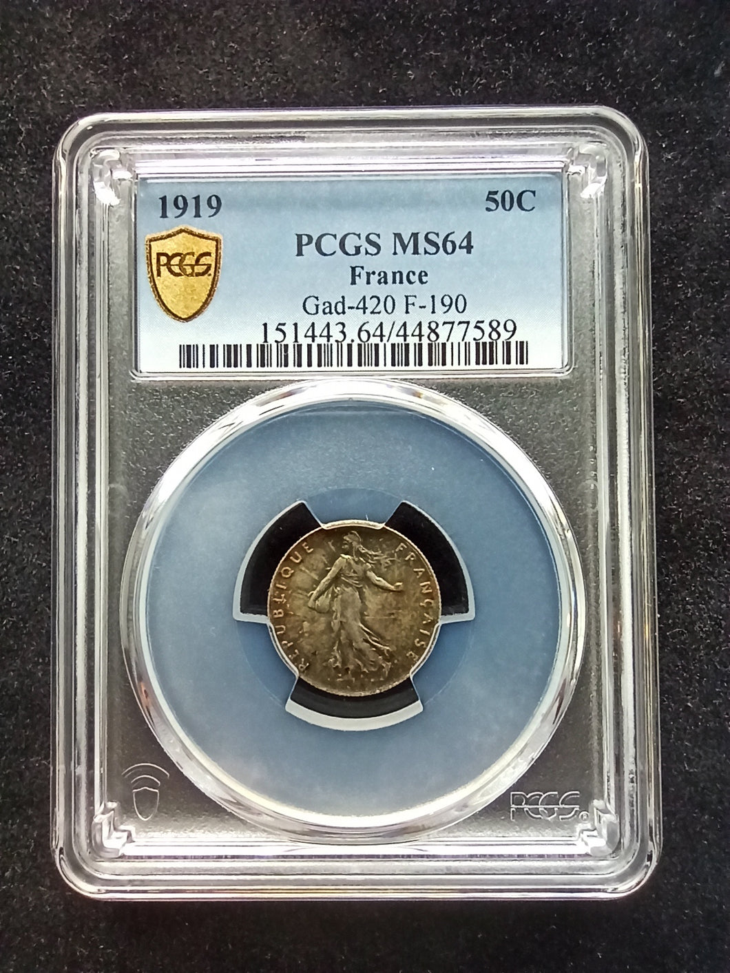 France : 50 Centimes Silver Semeuse 1919 ; PCGS MS 64