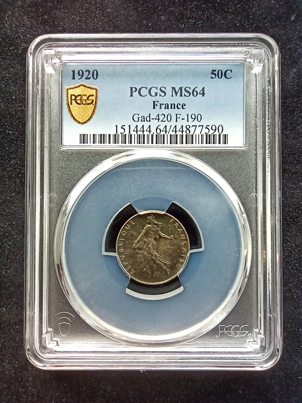 France : 50 Centimes Silver Semeuse 1920 ; PCGS MS 64