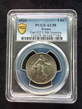 Charger l&#39;image dans la galerie, France : 2 Francs Semeuse 1920 Silver ; PCGS AU 58
