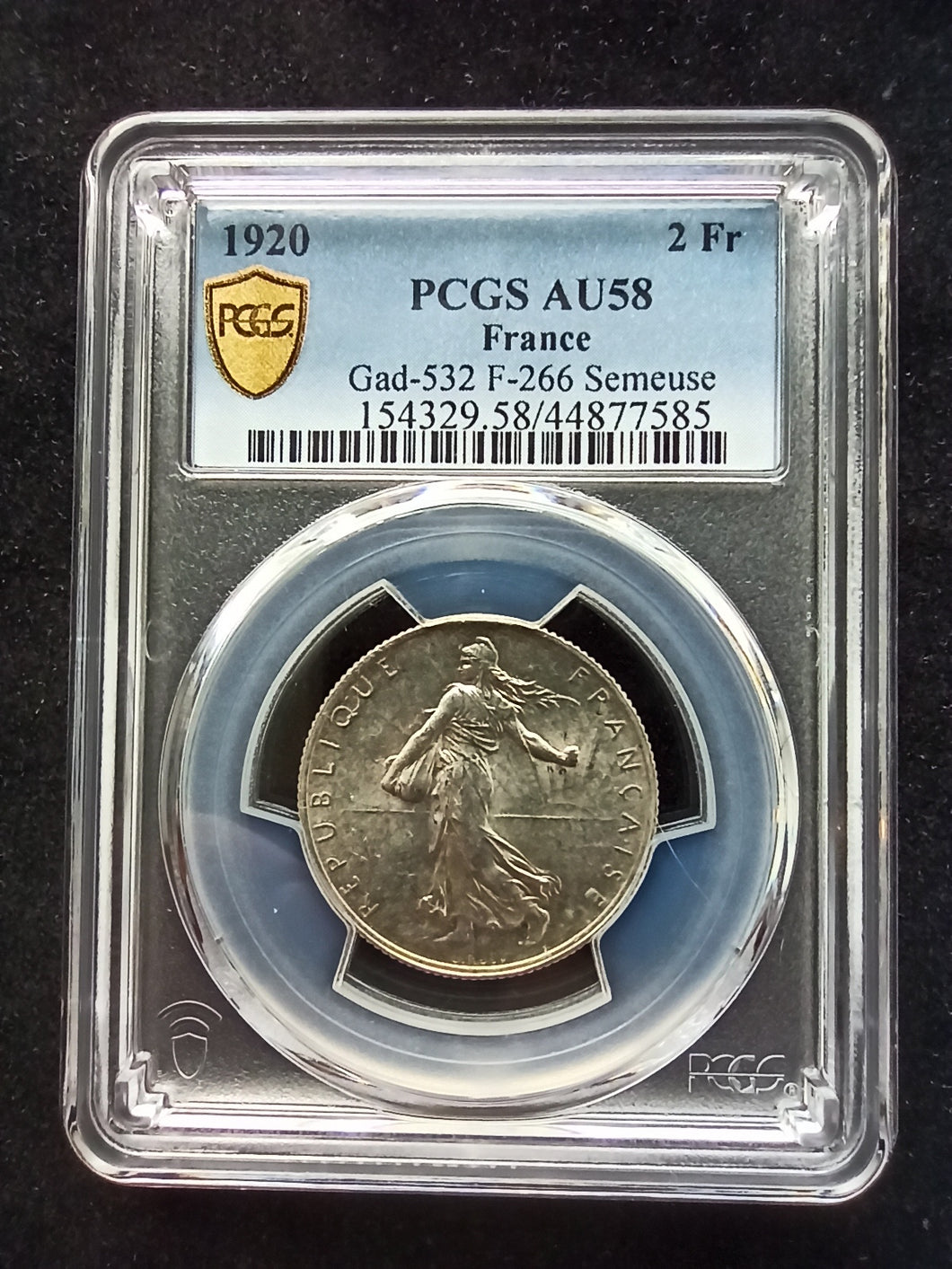 France : 2 Francs Semeuse 1920 Silver ; PCGS AU 58