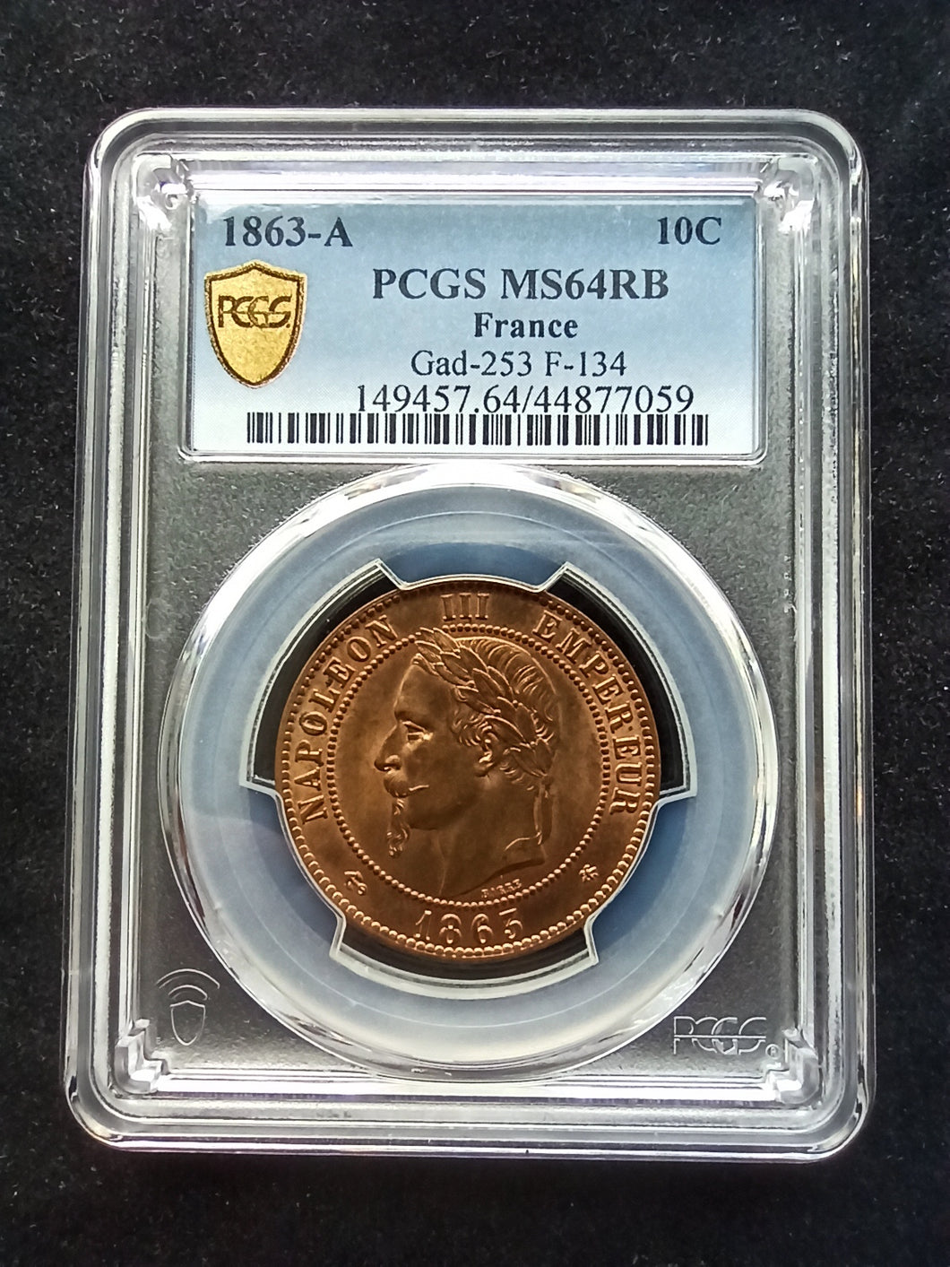 France : 10 Centimes Napoleon III 1863 A ; PCGS MS 64