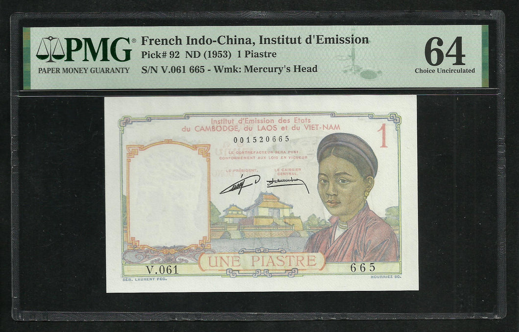 French Indo-china : Une Piastre 1953 ; PMG : Choice UNC 64