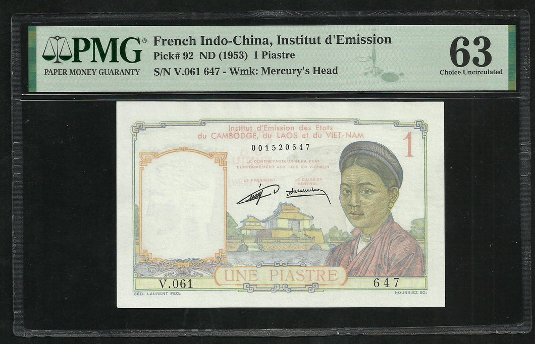 French Indochina : 1 Piastre 1953 ; PMG : Choice UNC 63