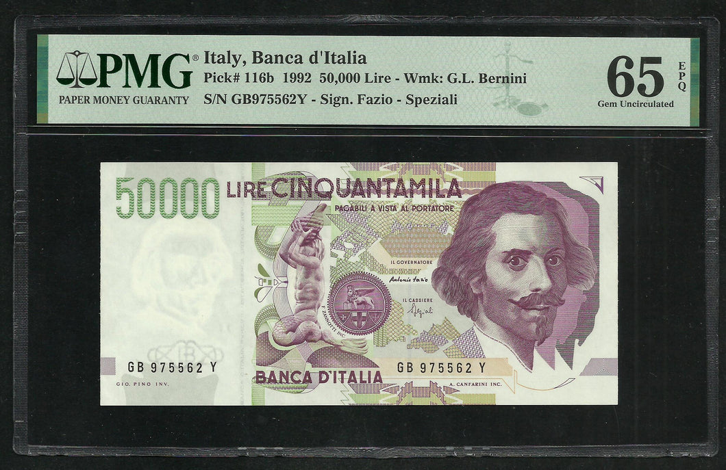Italy : 50000 Lire 1992 ; PMG : Gem UNC 65 ; EPQ