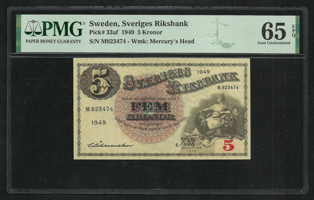 Sweden : 5 Kronor 1949 ; PMG : Gem UNC 65 ; EPQ