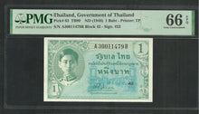 Charger l&#39;image dans la galerie, Thailand : 1 Baht 1946 ; Gem PMG UNC 66 ; EPQ
