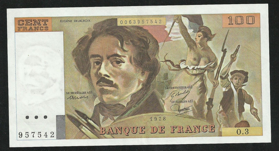 100 Francs Delacroix 1978 ; Alph 3 Avec Hachures SUP